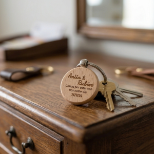 Llavero personalizado de madera con nombres y fechas grabadas encima de una mesilla de madera