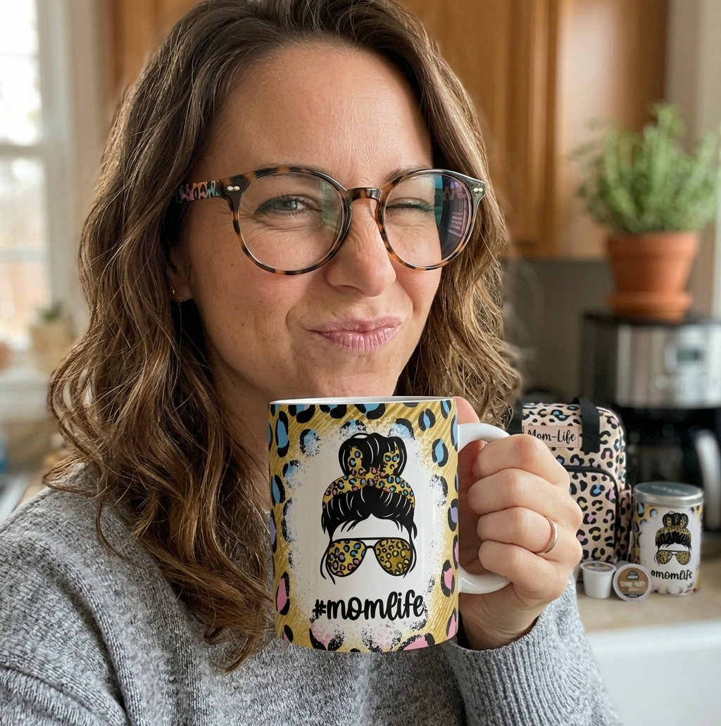 Mujer con taza estampada de "mom life"