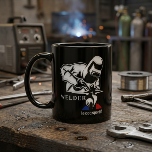 taza original de soldador en un taller de soldadura