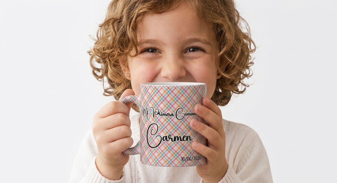 niño enseñando su taza personalizada de comunión