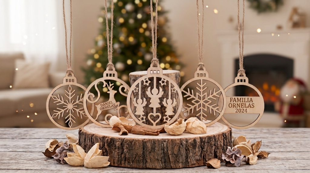 Bolas de navidad personalizadas sobre pequeño tronco de madera en un salón navideño
